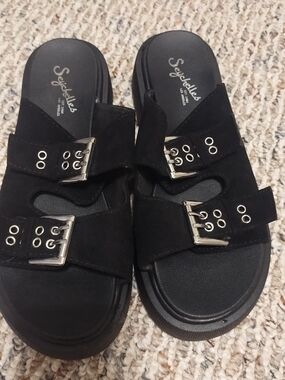 Y2K Inspired Seychelles Women's Black Suede Buckle Slide Sandals